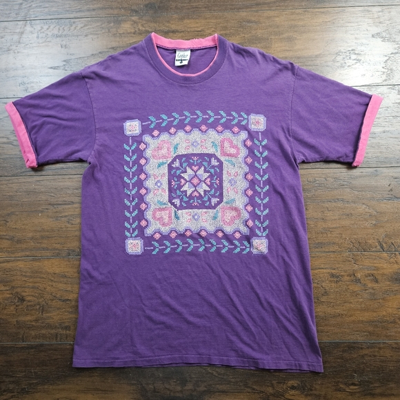Vintage 90s Floral Cross-Stitch Pattern Granola Nature Cuff Sleeve T-shirt Large - Picture 1 of 10
